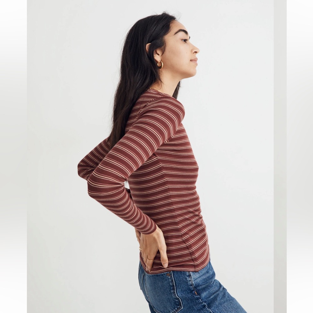 Madewell Fine Ribbed Crewneck Long-Sleeve Tee in Macey Stripe, NWT!
